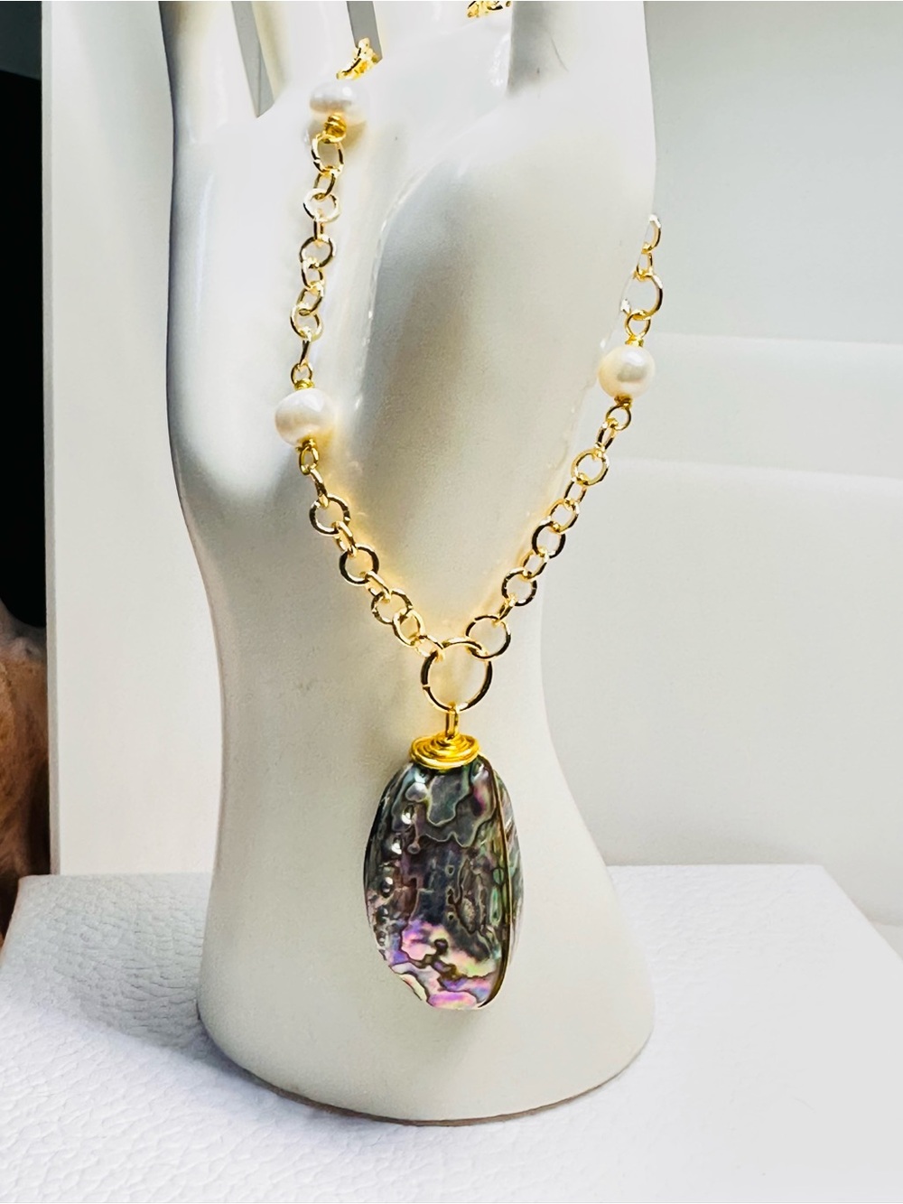 Gold Fresh water pearls  with Iridescent Abalone Necklace